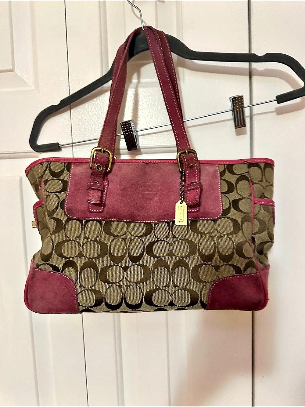 Coach Soho Suede Flap Satchel Tote Brown & Pink